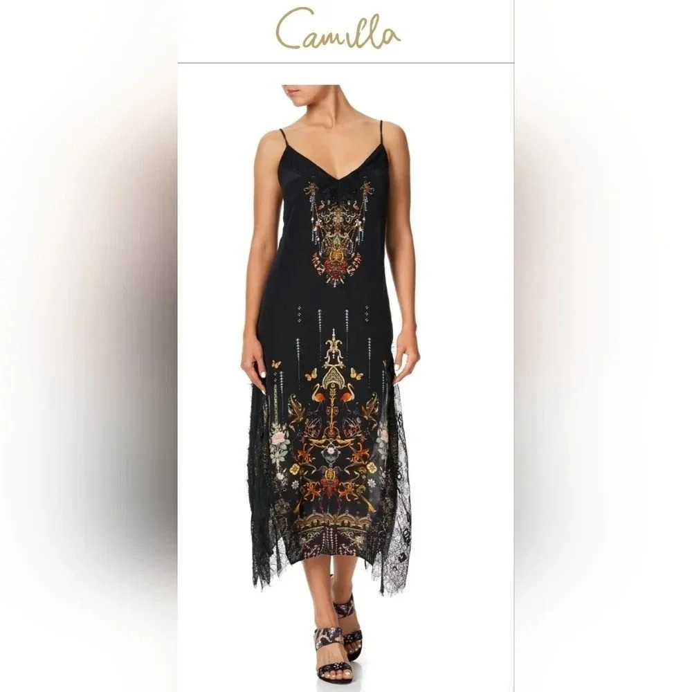 ❤️HOST PICK❤️ Camilla  Midi Lace Slip Dress Rebelle Black 100% Silk size S